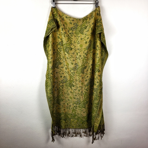 pashmina Accessories - Pashmina | Silk Fringe Green & Gold Scarf Wrap